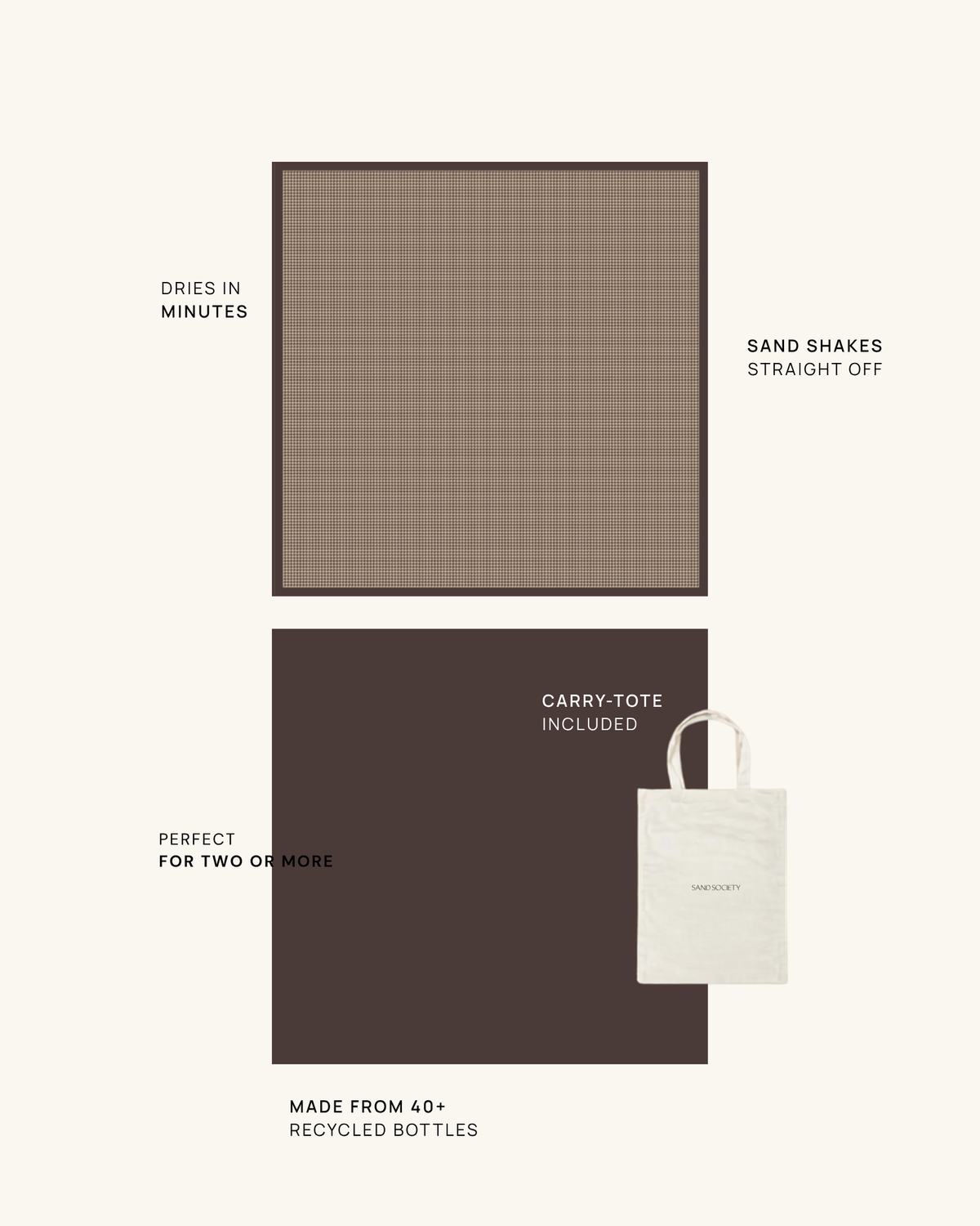Espresso extra large sand-free beach towel for two, front and back: chocolate houndstooth, 40+ recycled bottles, carry tote included