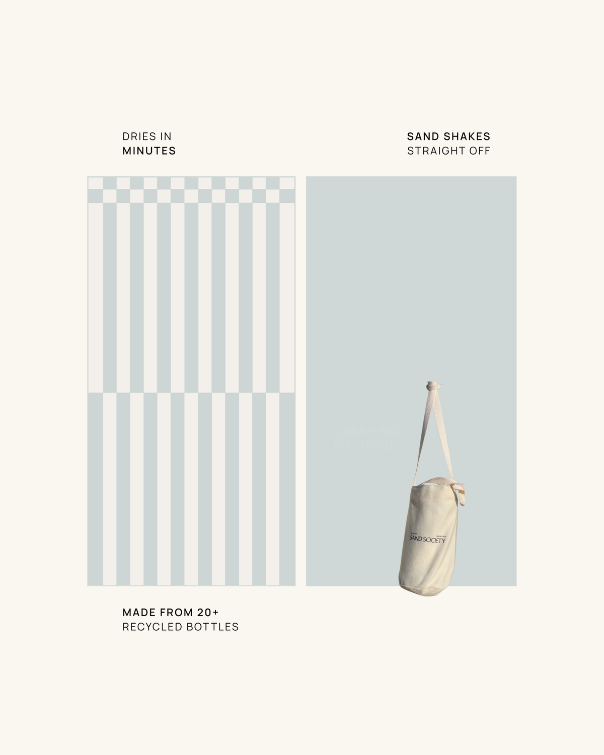 Bowie sand-free beach towel front and back: pale blue check, recycled-bottle microfibre, carry bag included