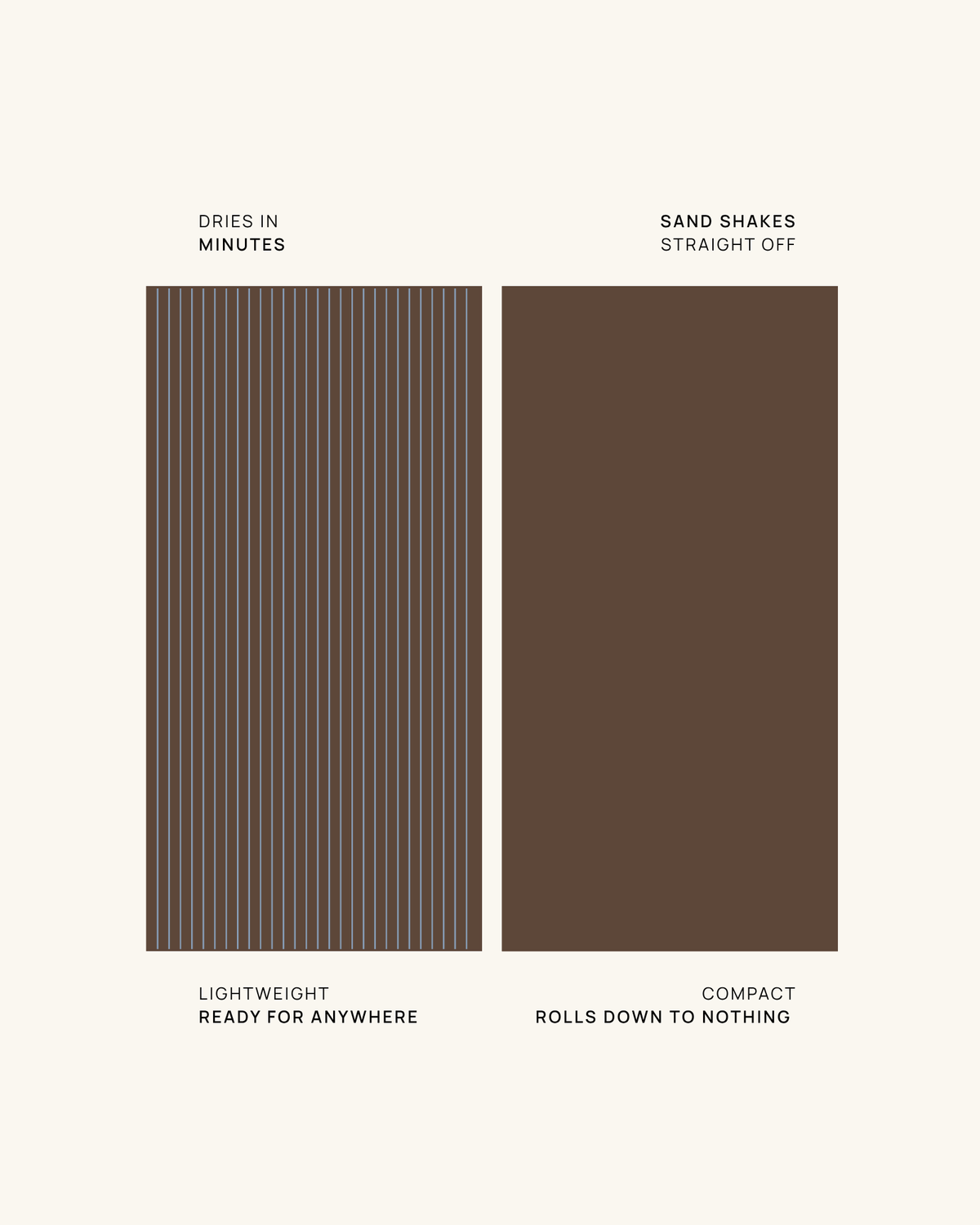 Lite Choc Stripe sand-free beach towel front and back: chocolate pinstripe, under 385g, lightweight and compact